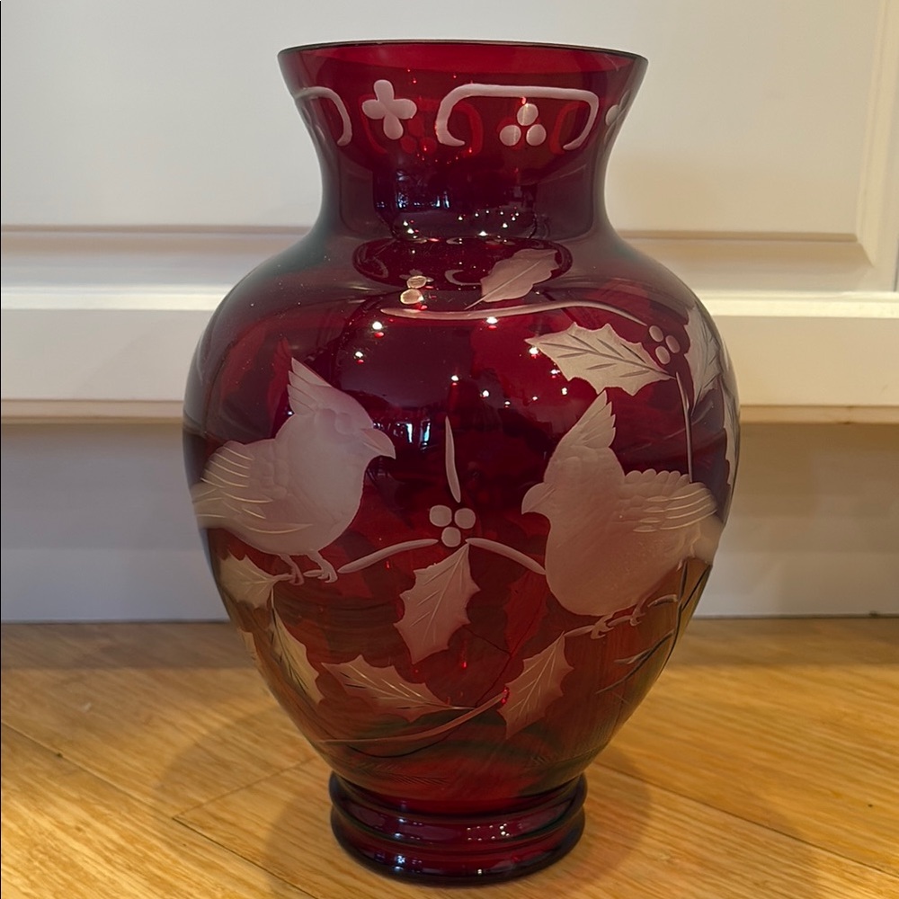 VTG Egermann Czech Bohemian Ruby Red Cut to Clear Glass Vase Birds in Trees 10”
